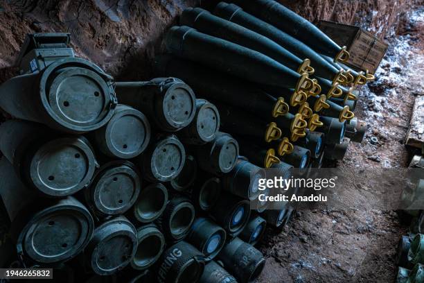 General view of the artillery shells for the M109 artillery self-propelled vehicle on the front line, in the direction of Bakhmut, where clashes...