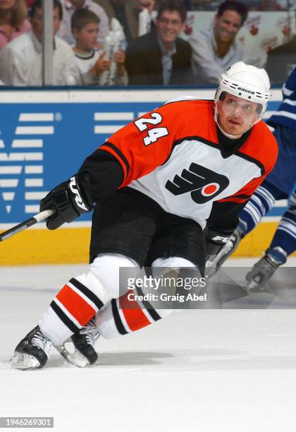 Sami Kapanen of the Philadelphia Flyers skates against the Toronto Maple Leafs during NHL game action on April 30, 2004 at Air Canada Centre in...