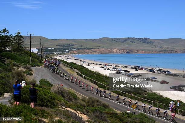 General view of the peloton passing through Aldinga Beach landscape during the 24th Santos Tour Down Under 2024, Stage 5 a 129.3km stage from...