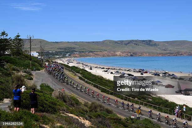 General view of the peloton passing through Aldinga Beach landscape during the 24th Santos Tour Down Under 2024, Stage 5 a 129.3km stage from...