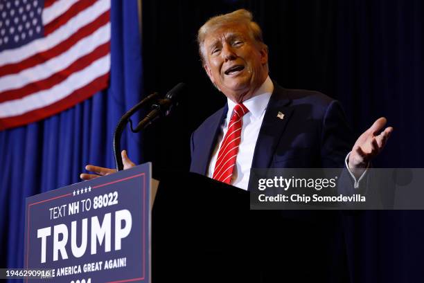 Republican presidential candidate and former President Donald Trump speaks during a campaign rally at the Grappone Convention Center on January 19,...