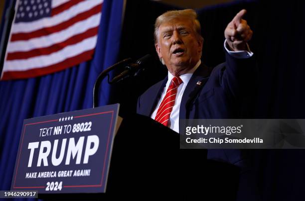 Republican presidential candidate and former President Donald Trump speaks during a campaign rally at the Grappone Convention Center on January 19,...