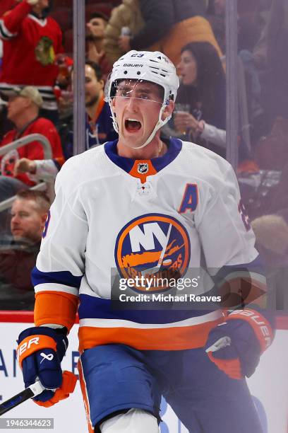 Brock Nelson of the New York Islanders celebrates after scoring a goal against the Chicago Blackhawks during the first period at the United Center on...