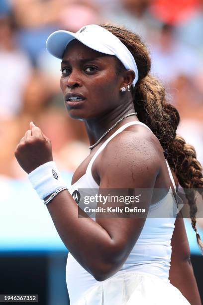 Sloane Stephens of the United States celebrates winning a point in their round three singles match against Anna Kalinskaya during the 2024 Australian...