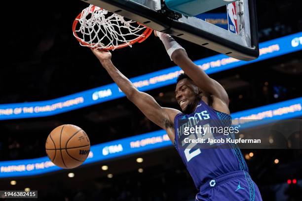 Brandon Miller of the Charlotte Hornets dunks the ball against the San Antonio Spurs in the third quarter during their game at Spectrum Center on...