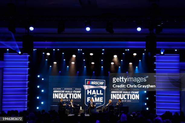 Host, Kyle Petty, NASCAR Hall of Fame inductees, Jimmie Johnson, and Chad Knaus and NASCAR Hall of Famers, Rick Hendrick and Jeff Gordon speak...
