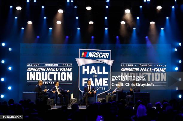 Host, Kyle Petty, NASCAR Hall of Fame inductees, Jimmie Johnson, and Chad Knaus and NASCAR Hall of Famers, Rick Hendrick and Jeff Gordon speak...