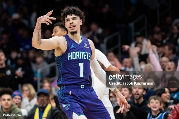 LaMelo Ball of the Charlotte Hornets reacts in the third quarter during their game against the San Antonio Spurs at Spectrum Center on January 19,...