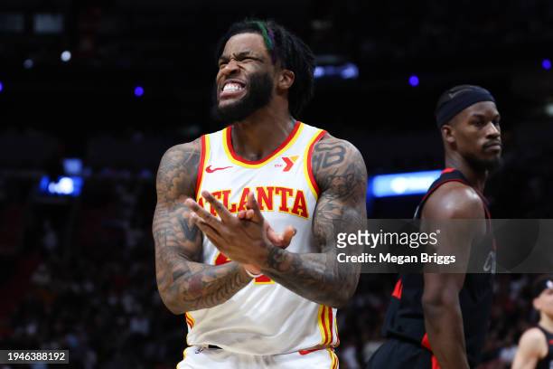 Saddiq Bey of the Atlanta Hawks reacts during the second quarter of the game against the Miami Heat at Kaseya Center on January 19, 2024 in Miami,...