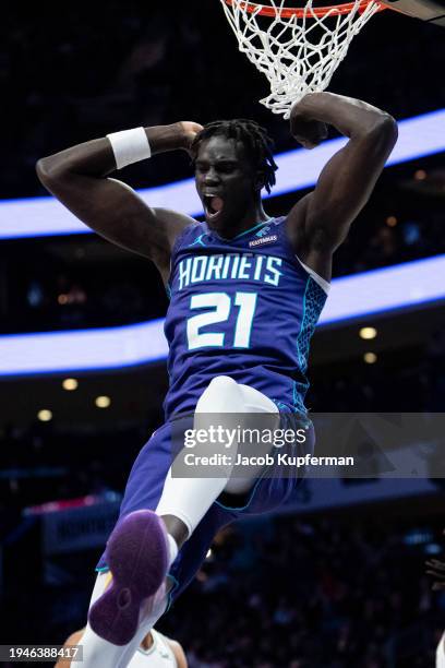 Thor of the Charlotte Hornets reacts after dunking the ball in the fourth quarter during their game against the San Antonio Spurs at Spectrum Center...