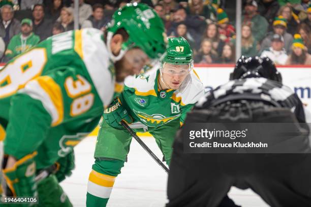 Kirill Kaprizov of the Minnesota Wild awaits a face off against the Arizona Coyotes during the game at the Xcel Energy Center on January 13, 2024 in...