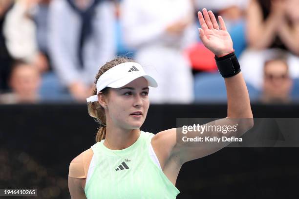 Anna Kalinskaya celebrates match point in their round three singles match against Sloane Stephens of the United States during the 2024 Australian...