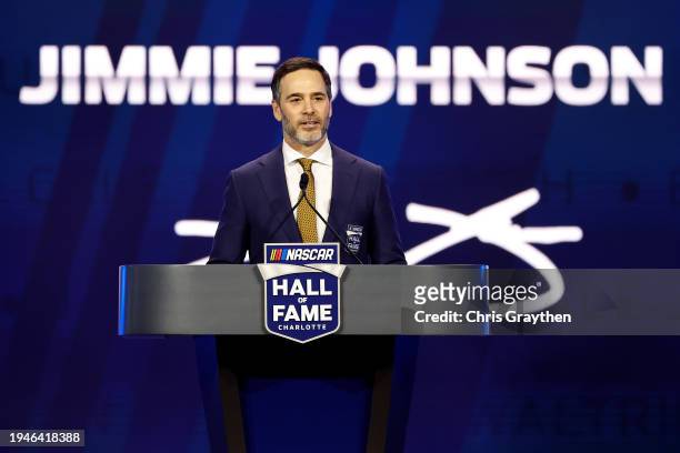 Hall of Fame inductee Jimmie Johnson speaks during the 2024 NASCAR Hall of Fame Induction Ceremony at Charlotte Convention Center on January 19, 2024...