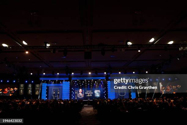 General view of NASCAR Hall of Fame inductee Jimmie Johnson speaking during the 2024 NASCAR Hall of Fame Induction Ceremony at Charlotte Convention...