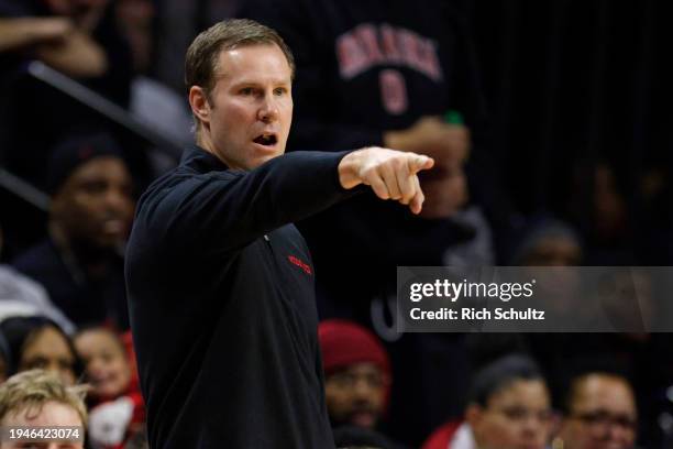 Head coach Fred Hoiberg of the Nebraska Cornhuskers reacts during a game against the Rutgers Scarlet Knights at Jersey Mike's Arena on January 17,...
