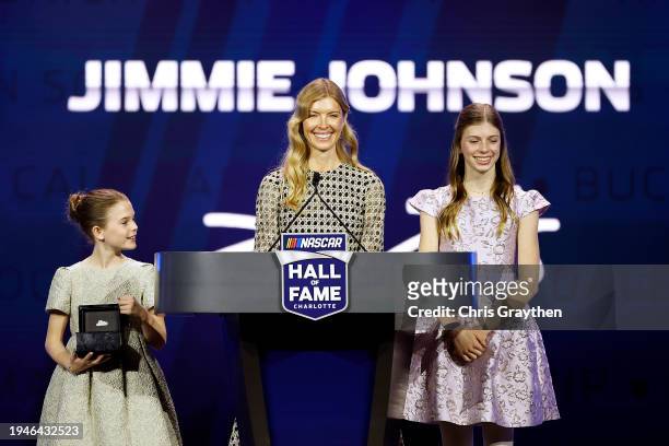 Hall of Fame inductee Jimmie Johnson's wife, Chandra Johnson and daughters, Lydia Norriss Johnson and Genevieve Johnson speak onstage during the 2024...