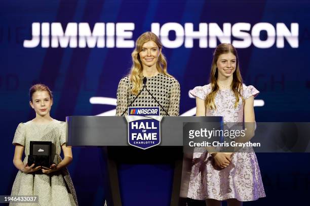 Hall of Fame inductee Jimmie Johnson's wife, Chandra Johnson and daughters, Lydia Norriss Johnson and Genevieve Johnson speak onstage during the 2024...