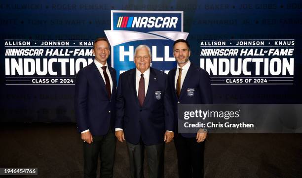 Hall of Famer, Rick Hendrick and NASCAR Hall of Fame inductees, Chad Knaus and Jimmie Johnson pose for photos during the 2024 NASCAR Hall of Fame...