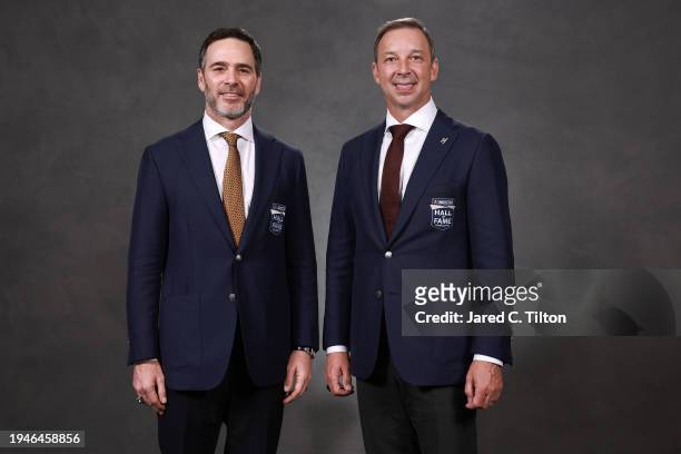 Hall of Fame inductees Jimmie Johnson and Chad Knaus pose for a photo following the NASCAR Hall of Fame Induction Ceremony at Charlotte Convention...