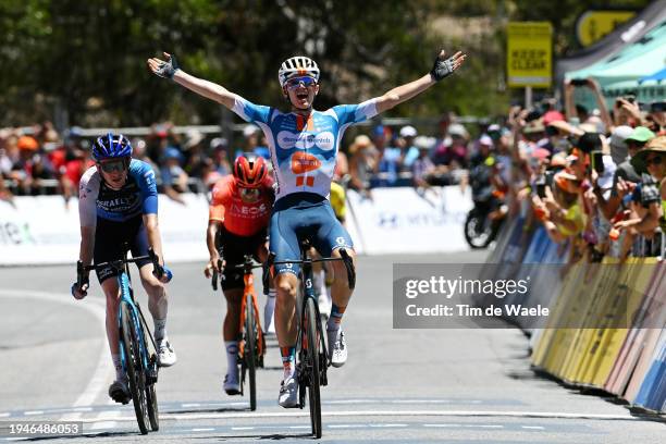 Oscar Onley of United Kingdom and Team dsm-firmenich PostNL celebrates at finish line as stage winner during the 24th Santos Tour Down Under 2024,...