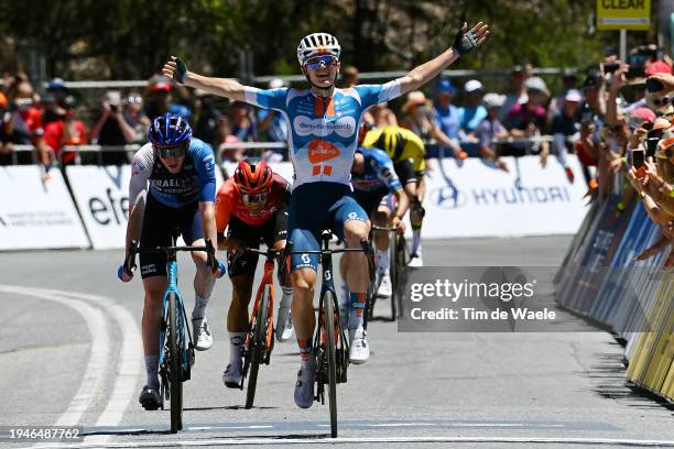 Oscar Onley of United Kingdom and Team dsm-firmenich PostNL celebrates at finish line as stage winner during the 24th Santos Tour Down Under 2024,...