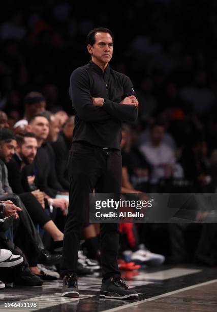Miami Heat Head Coach Erik Spolestra looks on against the Brooklyn Nets during their game at Barclays Center on January 15, 2024 in New York City....