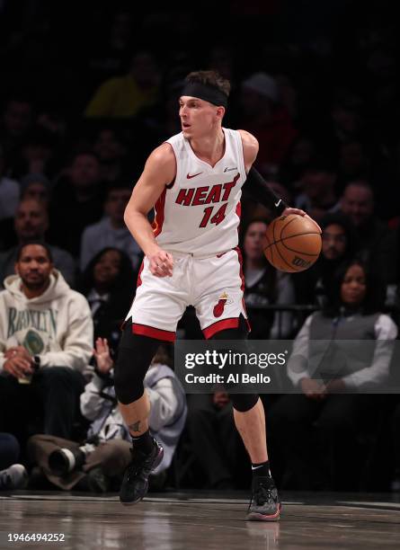 Tyler Herro of the Miami Heat in action against the Brooklyn Nets during their game at Barclays Center on January 15, 2024 in New York City. User...