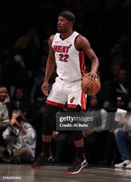 Jimmy Butler of the Miami Heat in action against the Brooklyn Nets during their game at Barclays Center on January 15, 2024 in New York City. User...