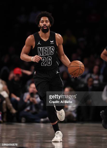 Spencer Dinwiddie of the Brooklyn Nets in action against the Miami Heat during their game at Barclays Center on January 15, 2024 in New York City....