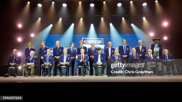 General view of the NASCAR Hall of Famers onstage during the 2024 NASCAR Hall of Fame Induction Ceremony at Charlotte Convention Center on January...
