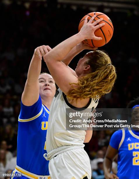 Colorado Buffaloes guard Frida Formann shoots over UCLA Bruins forward Lina Sontag in the first half at the CU Events Center in Boulder, Colorado on...