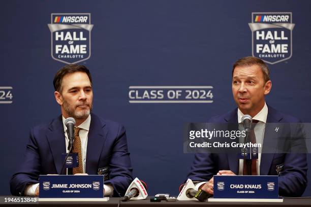 Hall of Fame inductees, Jimmie Johnson and Chad Knaus speak during a press conference after the 2024 NASCAR Hall of Fame Induction Ceremony at...