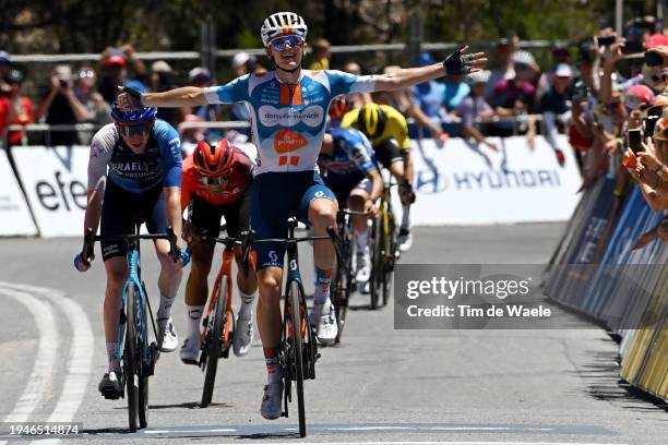 Oscar Onley of United Kingdom and Team dsm-firmenich PostNL celebrates at finish line as stage winner during the 24th Santos Tour Down Under 2024,...