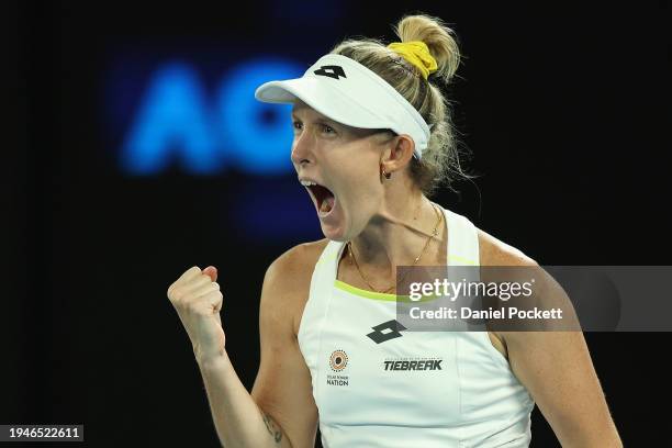 Storm Hunter of Australia celebrates a point in their round three singles match against Barbora Krejcikova of Czech Republic during the 2024...