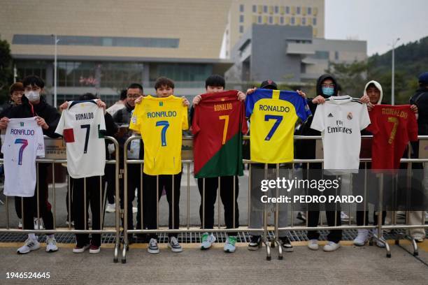 Fans of Cristiano Ronaldo of Al-Nassr gather prior to a training session ahead of the friendly match against Shanghai Shenhua during China Tour at...
