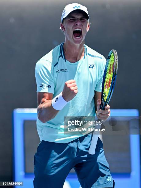 Nicolai Budkov Kjaer Norway reacts in the juniors round two men's singles match against William Rejchtman Vinciguerra during the 2024 Australian Open...