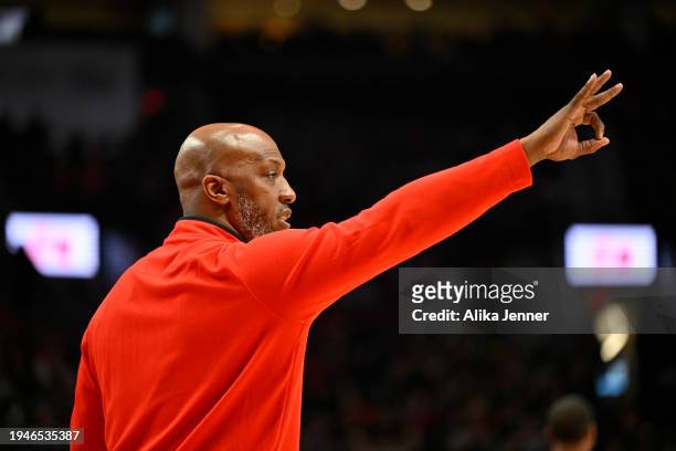 Head coach Chauncey Billups of the Portland Trail Blazers gestures during the first quarter of the game against the Indiana Pacers at Moda Center on...