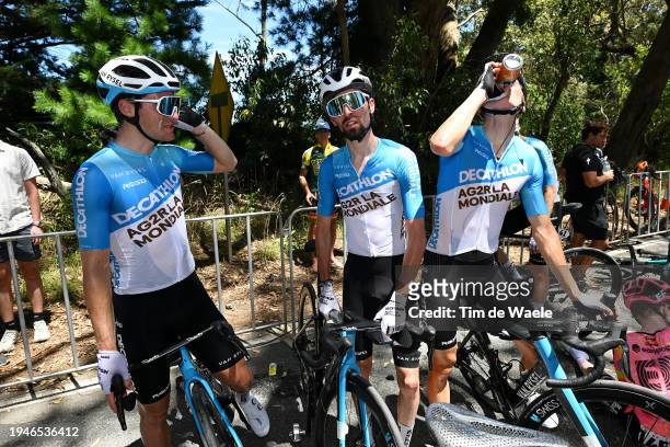 Franck Bonnamour of France, Valentin Paret Peintre of France and Jaakko Hanninen of Finland and Decathlon AG2R La Mondiale Team react after the 24th...