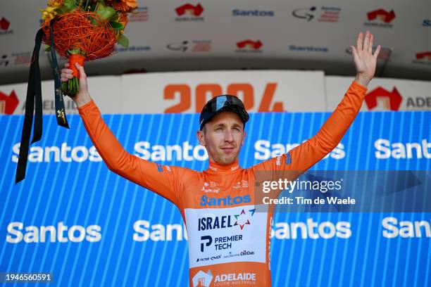 Stephen Williams of United Kingdom and Team Israel - Premier Tech celebrates at podium as Orange Santos Leader's Jersey winner during the 24th Santos...