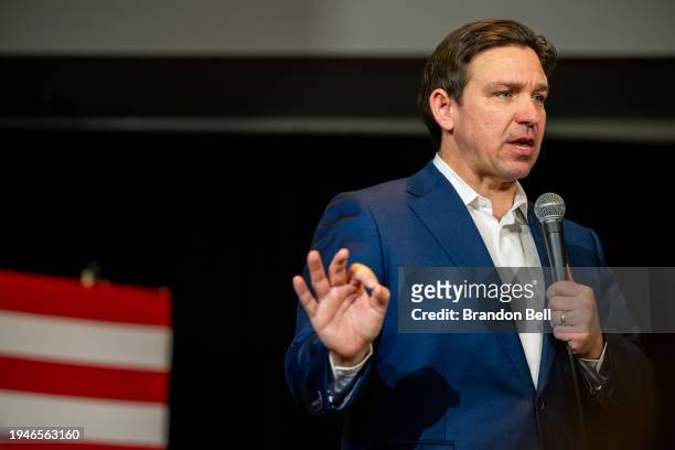 Republican presidential candidate, Florida Gov. Ron DeSantis speaks to supporters during a campaign rally at the Courtyard by Marriott Nashua on...
