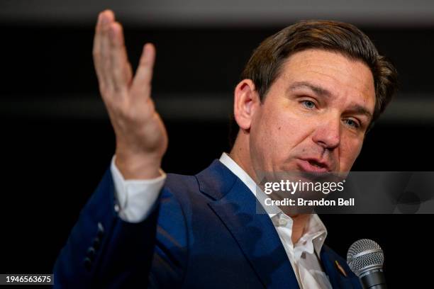 Republican presidential candidate, Florida Gov. Ron DeSantis speaks to supporters during a campaign rally at the Courtyard by Marriott Nashua on...