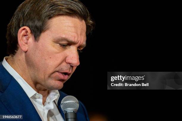 Republican presidential candidate, Florida Gov. Ron DeSantis speaks to supporters during a campaign rally at the Courtyard by Marriott Nashua on...