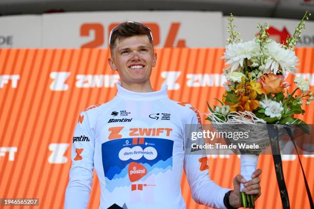 Oscar Onley of United Kingdom and Team dsm-firmenich PostNL celebrates at podium as White best young jersey winner during the 24th Santos Tour Down...