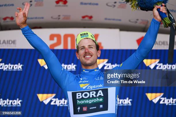Sam Welsford of Australia and Team BORA - Hansgrohe celebrates at podium as Blue Sprint Jersey winner during the 24th Santos Tour Down Under 2024,...