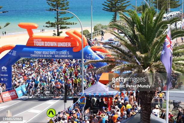 The Peloton at the start in Christies Beach at the 24th Santos Tour Down Under THINK Road Safety Men's Stage 5 from Christies Beach to Willunga Hill...