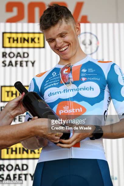 Oscar Onley of United Kingdom and Team dsm-firmenich PostNL celebrates at podium as stage winner during the 24th Santos Tour Down Under 2024, Stage 5...