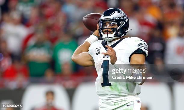Jalen Hurts of the Philadelphia Eagles plays during the NFC Wild Card game against the Tampa Bay Buccaneers at Raymond James Stadium on January 15,...