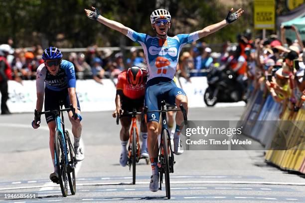 Oscar Onley of United Kingdom and Team dsm-firmenich PostNL celebrates at finish line as stage winner ahead of Stephen Williams of United Kingdom and...