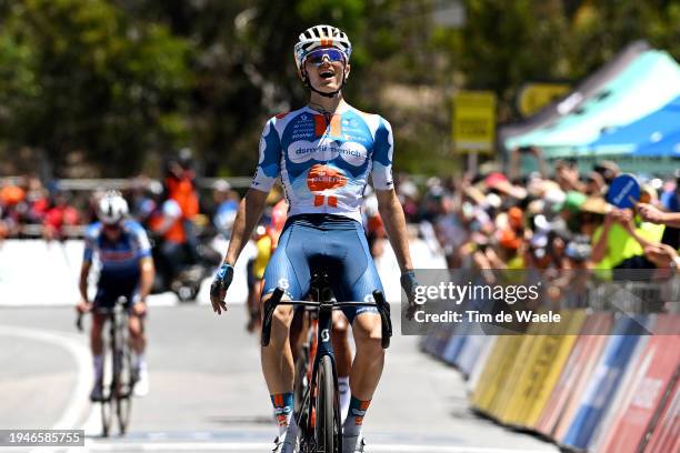 2Oscar Onley of United Kingdom and Team dsm-firmenich PostNL celebrates at finish line as stage winner during the 24th Santos Tour Down Under 2024,...