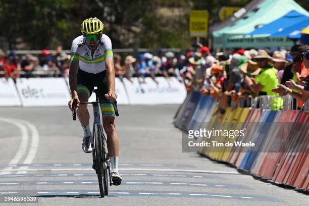 Damien Howson of Australia and Australian National Team crosses the finish line during the 24th Santos Tour Down Under 2024, Stage 5 a 129.3km stage...